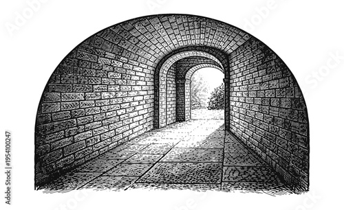 Arched brick passageway into sunlight engraving illustration. Scratchboard imitation. Black and white image. flat vector