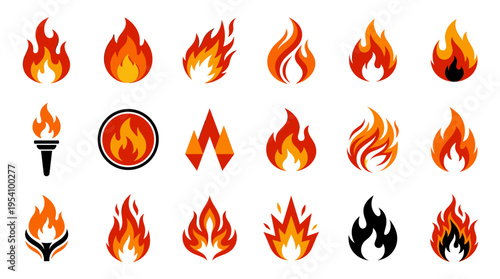 Collection of stylized fire icons and flame graphics in various shapes and designs, including a torch.