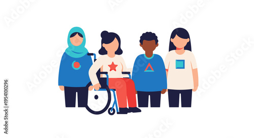 Inclusive Diverse Group Illustration: Celebrating Multiculturalism, Different Abilities, and Equality with a Person in a Wheelchair.