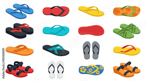 Collection of various colorful flip-flops and sandals, isolated on white background.