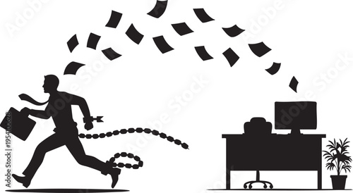 Man running from office desk with papers flying and chained to key silhouette