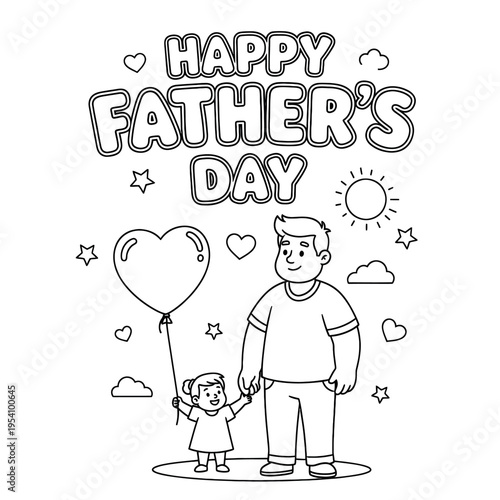 Happy father's day coloring page with silhouette of a man and child