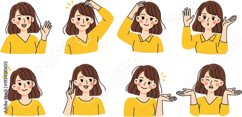 Set of eight young women showing different emotions and gestures on transparent background illustrations