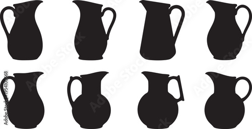 Nine black silhouette jugs on white background silhouettes isolated