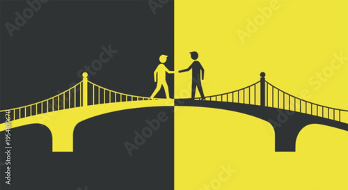 Connection and support concept with two people reaching out on a bridge