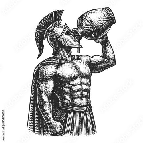 Spartan Warrior Drinking from an amphora engraving illustration. Scratchboard imitation. Black and white image. flat vector