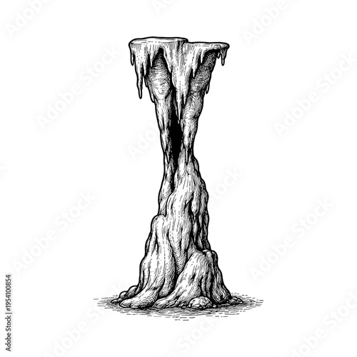 Stalactite ancient cave engraving illustration. Scratchboard imitation. Black and white image. flat vector