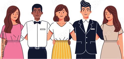 Group of diverse friends standing together with arms around each other for unity and friendship