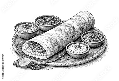 Indian Dosa with Chutney and Sambar – Traditional Food engraving illustration. Scratchboard imitation. Black and white image. flat vector