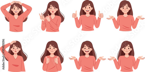 Set of illustrations featuring a young woman expressing various emotions and gestures