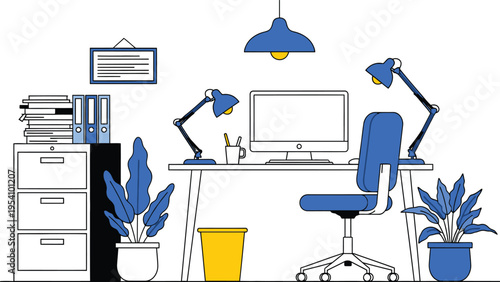 Modern office workspace with desk computer monitor chair filing cabinet and indoor plants in minimalist blue and yellow theme