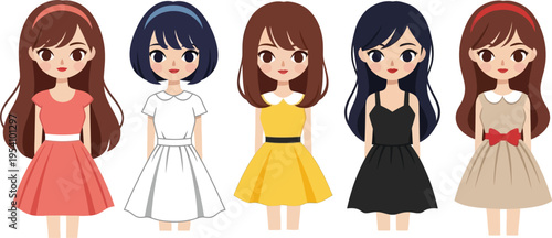 Collection of five cute cartoon girls with various hairstyles and dresses standing together