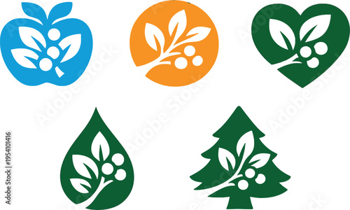 Natural eco leaf and berry logo collection with apple heart and tree shapes