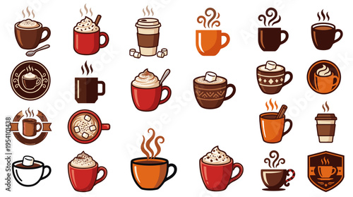 Collection of various coffee cup illustrations, some with steam, whipped cream, and marshmallows.