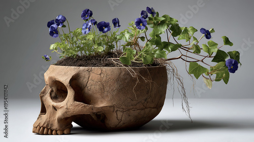 Small Purple Flowers Growing Out of a Human Skull Pot