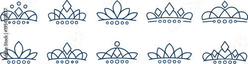 Royal crown and princess tiara line icons set with elegant jewelry designs