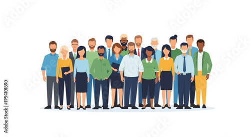 Diverse Group of Business Professionals Standing Together. Multiracial Team, Corporate Staff, Employees, Community, and Collaboration Concept Vector Illustration.