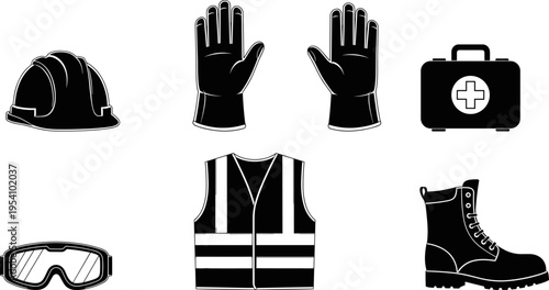 Black and white vector icons of industrial personal protective equipment including hard hat safety glasses work gloves reflective vest first aid kit and boots