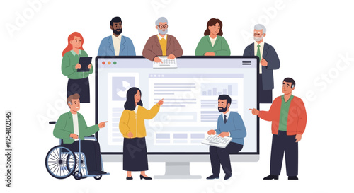 Diverse Business Team Collaborating Around Digital Data Analytics Screen. Group Meeting, Online Strategy & Inclusive Workplace.