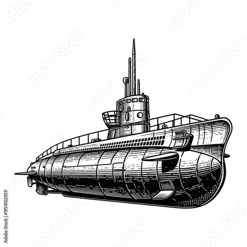 Submarine engraving illustration. Scratchboard imitation. Black and white image. flat vector