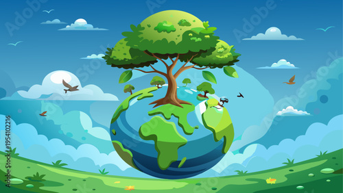 Vector illustration of a tree growing on Earth, eco-friendly symbol