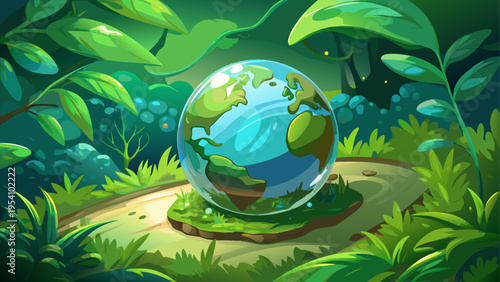 Vector illustration of a globe in a lush forest, earth, eco-friendly, nature