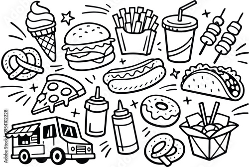 Fast food and street food hand drawn doodle collection with food truck
