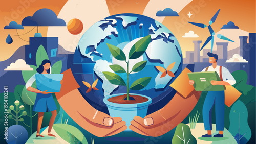 Vector illustration of eco-friendly globe with people and green plant