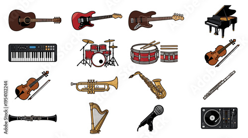 Collection of various musical instruments isolated on white background.