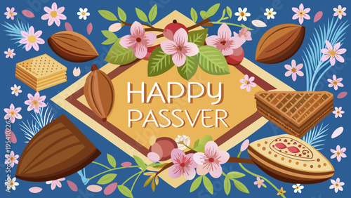Happy Passover greeting card vector with matzo and flowers
