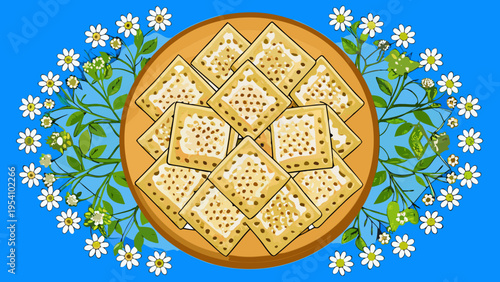 Vector illustration of matzo on a plate with flowers