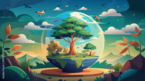 Vector illustration of a tree inside a globe on a natural landscape