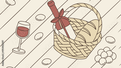 Vector illustration of wine bottle in basket with glass and grapes on wooden table