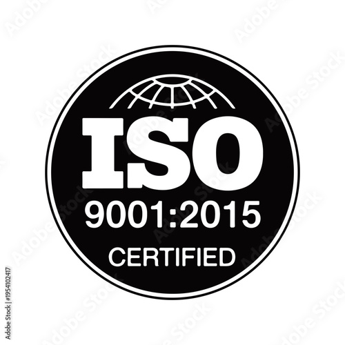 ISO 9001 2015 Certified Solid Black Circle Badge Vector Quality Standard Stamp Globe Icon