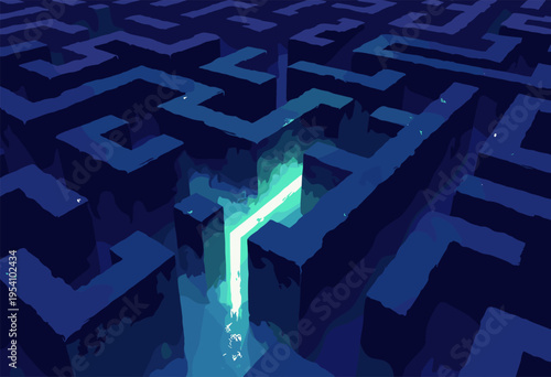 3D isometric illustration dark maze, but one specific path is illuminated bright, glowing neon green line leading straight to exit shortcut concept Clean minimalist background