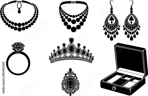 Black silhouette jewelry set collection featuring diamond ring pearl necklace elegant chandelier earrings luxury tiara and vintage brooch icons in open jewelry box display