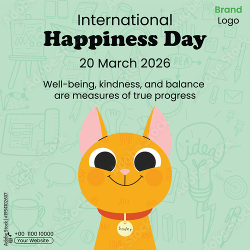 International Day of Happiness Cute Cat Doodle Minimal Poster Design International Day of Happiness March 20 Cute Minimal Cat Design Simple Minimal Happiness Day Poster with Hand Drawn Cat Doodle