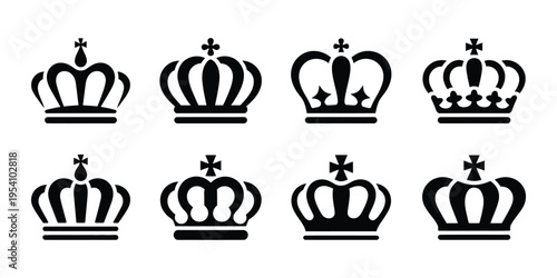 Crown king mega icon silhouette set, collection of royal crown silhouettes for kings, monarchy, authority, and luxury design