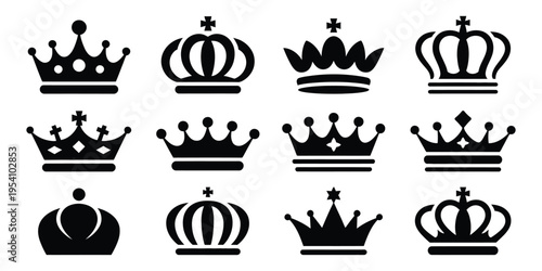 Crown king mega icon silhouette set, bold silhouette icons of king and royal crowns for ceremonial, heraldry, and luxury design projects