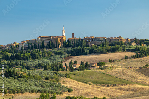 Pienza town overlooking rolling hills and Tuscan landscape