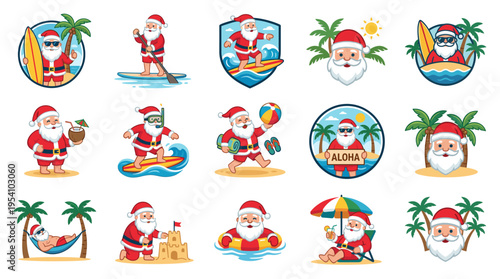 Cartoon illustrations of Santa Claus enjoying various summer beach activities and tropical vacations.