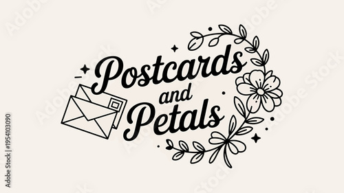 Postcards and Petals floral logo with envelopes and flowers design