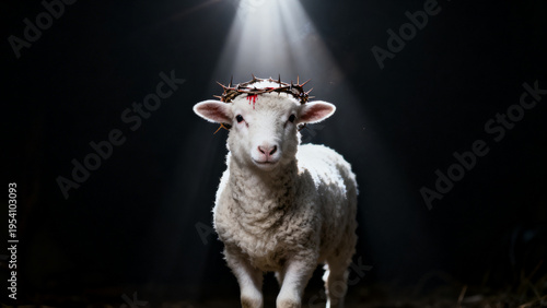 Divine Innocence: A serene lamb, adorned with a crown of thorns, stands beneath a beam of heavenly light, conveying themes of sacrifice and grace.