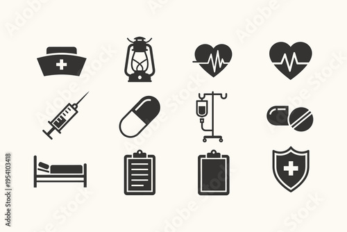 Medical and Healthcare Icons Set Vector Illustration. Collection of Essential Health, Hospital, Nurse, and Pharmacy Symbols in Black Silhouette.