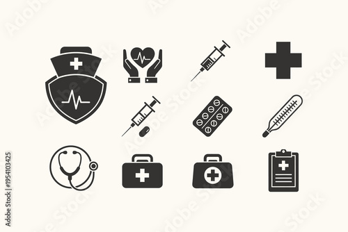 Flat design medical and healthcare icons vector illustration set, representing medicine, first aid, diagnosis, and various health symbols.