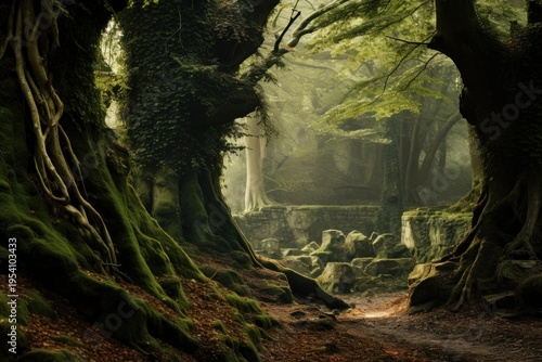 Moss covered trees and old stone ruins creating a mystical and enchanting forest scene