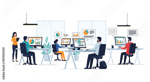 Set of office workers at desks with computers vector