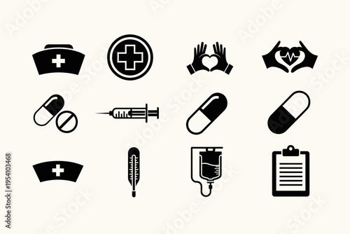 Medical and Healthcare Icons Collection: Nurse Cap, Cross, Pills, Syringe, Thermometer, IV Bag, Clipboard, and Heart Symbols for Health and Treatment Services.