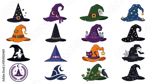 Collection of sixteen different witch hats, each with unique designs and colors, arranged in a grid.