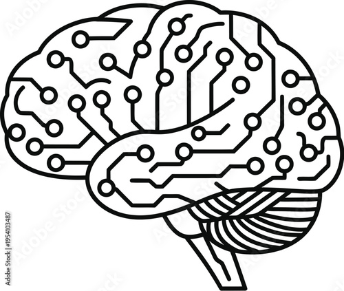 Circuit board brain illustration with microchip pattern and wiring symbolizing artificial intelligence and technology